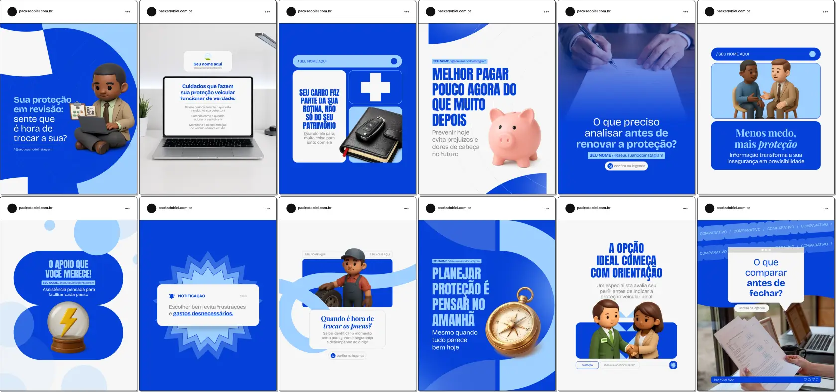 Pack de artes editáveis no Canva para proteção veicular, voltado para profissionais que explicam planos, mensalidade, adesão, indenização e funcionamento da proteção do veículo, com comunicação visual clara e confiável no Instagram.