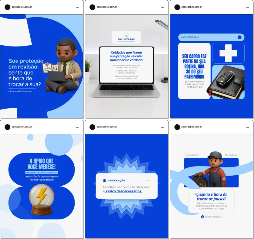 Pack de posts editáveis no Canva para profissionais de proteção veicular que desejam falar sobre segurança automotiva, cobertura contra sinistros, proteção do carro e vantagens para associados, mantendo um feed organizado e profissional.