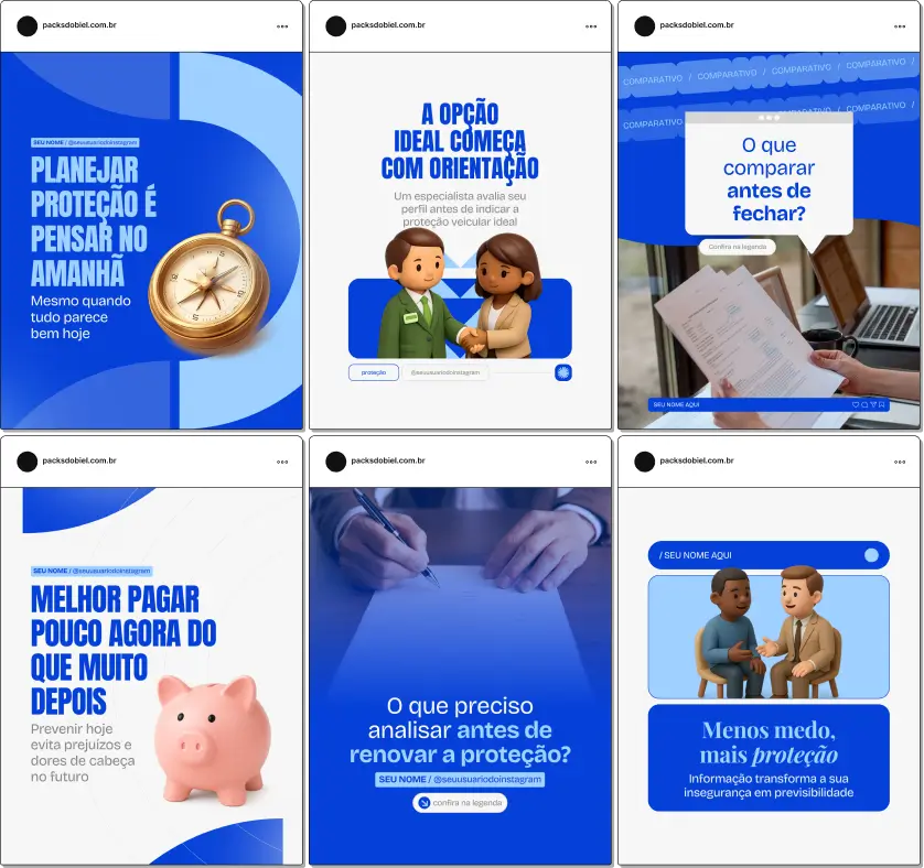 Pack de posts editáveis no Canva para proteção veicular, ideal para associações e consultores que produzem conteúdo sobre cobertura veicular, roubo e furto, colisão, assistência 24 horas e benefícios para motoristas.