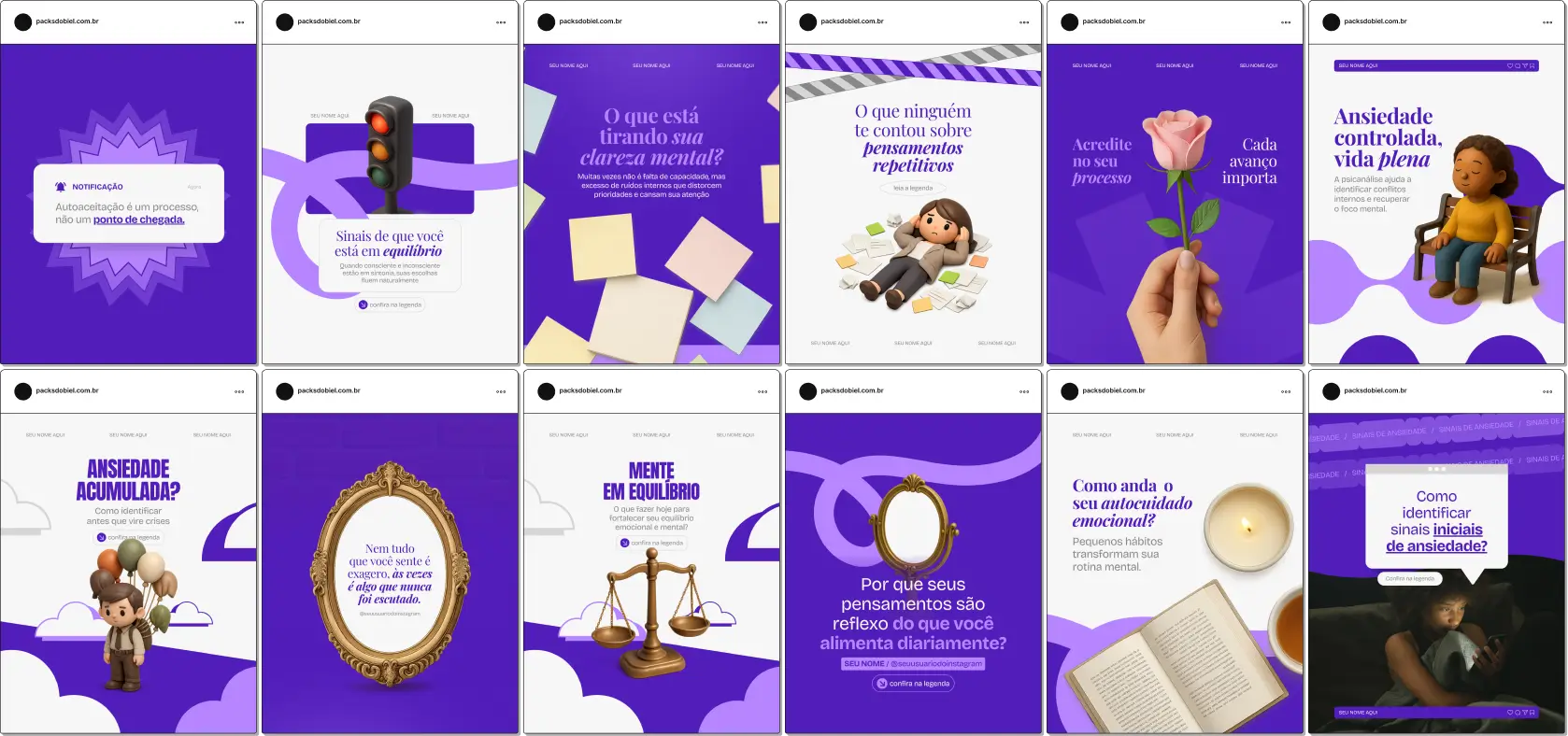 Pack de posts editáveis no Canva para psicanalistas que produzem conteúdo sobre escuta clínica, inconsciente, ansiedade, depressão, traumas, autoconhecimento e processos terapêuticos, mantendo um feed organizado e profissional.