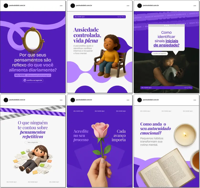Pack de artes editáveis no Canva para profissionais de psicanálise que abordam saúde mental, conflitos emocionais, relacionamentos, autoestima, sofrimento psíquico e cuidado emocional, reforçando autoridade e credibilidade no Instagram.