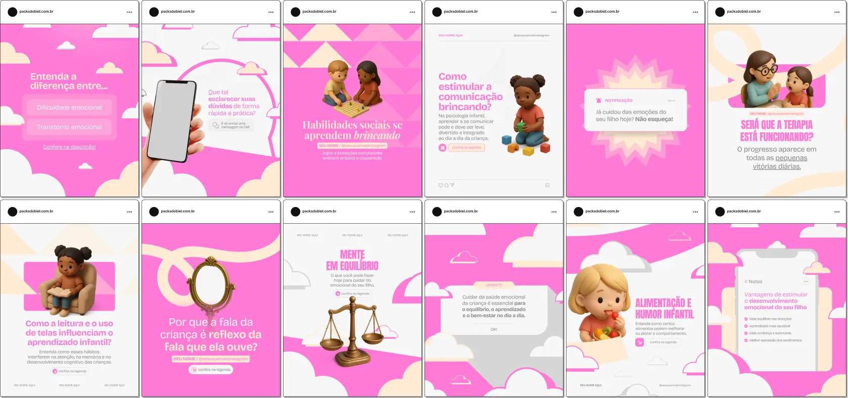 Pack de artes editáveis no Canva para profissionais de psicologia infantil que produzem conteúdo sobre ansiedade na infância, emoções, rotina, vínculo familiar e saúde mental das crianças.