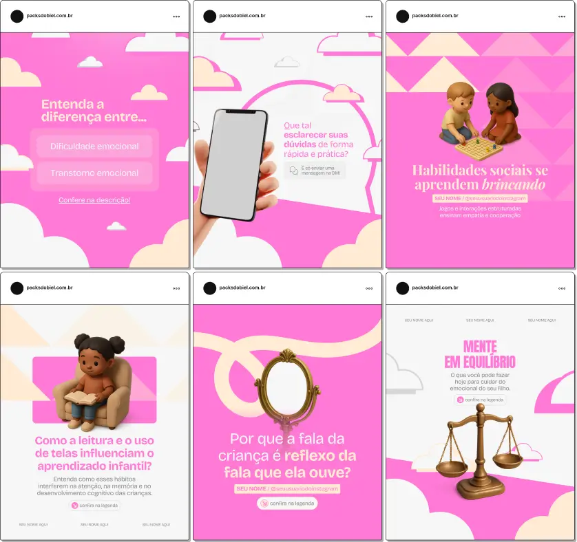 Pack de templates editáveis no Canva para psicólogos que atendem crianças e querem explicar fases do desenvolvimento, limites, adaptação escolar e estratégias de apoio emocional, com comunicação clara e visualmente organizada.