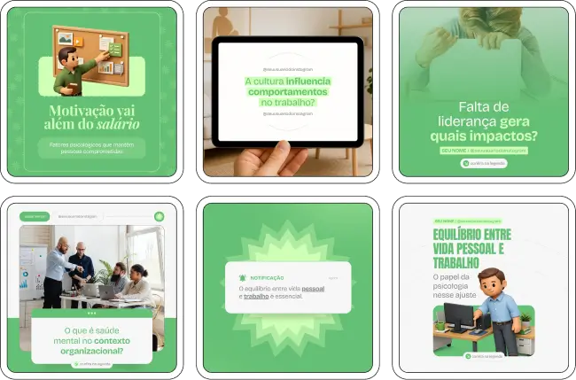 Pack de artes editáveis no Canva para psicólogos organizacionais que produzem conteúdo sobre motivação, avaliação de desempenho, retenção de talentos, comunicação interna e bem-estar no trabalho, reforçando autoridade no Instagram.