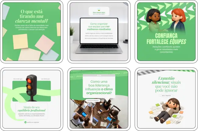 Pack de templates editáveis no Canva para especialistas em psicologia organizacional que querem educar empresas sobre liderança, treinamento, gestão de conflitos, performance e desenvolvimento de equipes, com comunicação clara e identidade visual coerente.