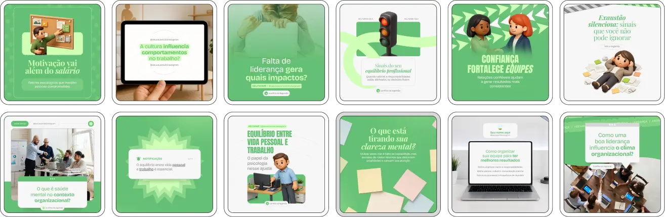 Pack de posts editáveis no Canva para profissionais de psicologia organizacional que desejam compartilhar conteúdos sobre clima organizacional, engajamento, desenvolvimento de líderes, gestão de pessoas e cultura corporativa, mantendo um feed organizado e profissional.