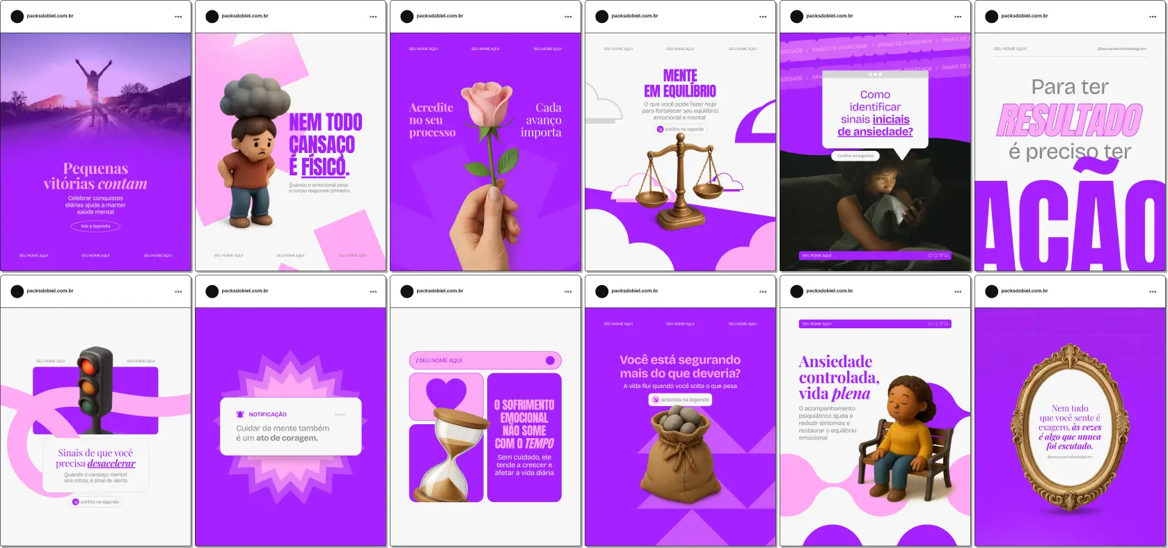 Pack de artes editáveis no Canva para profissionais de psiquiatria, ideal para explicar tratamento medicamentoso, manejo de sintomas, prevenção e cuidado contínuo com a saúde emocional, com comunicação visual clara e profissional.