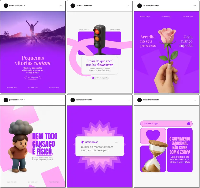 Pack de posts editáveis no Canva para psiquiatras que atendem adultos e adolescentes, desenvolvido para orientar pacientes sobre ansiedade, depressão, TDAH e qualidade de vida, com identidade visual coerente e educativa.