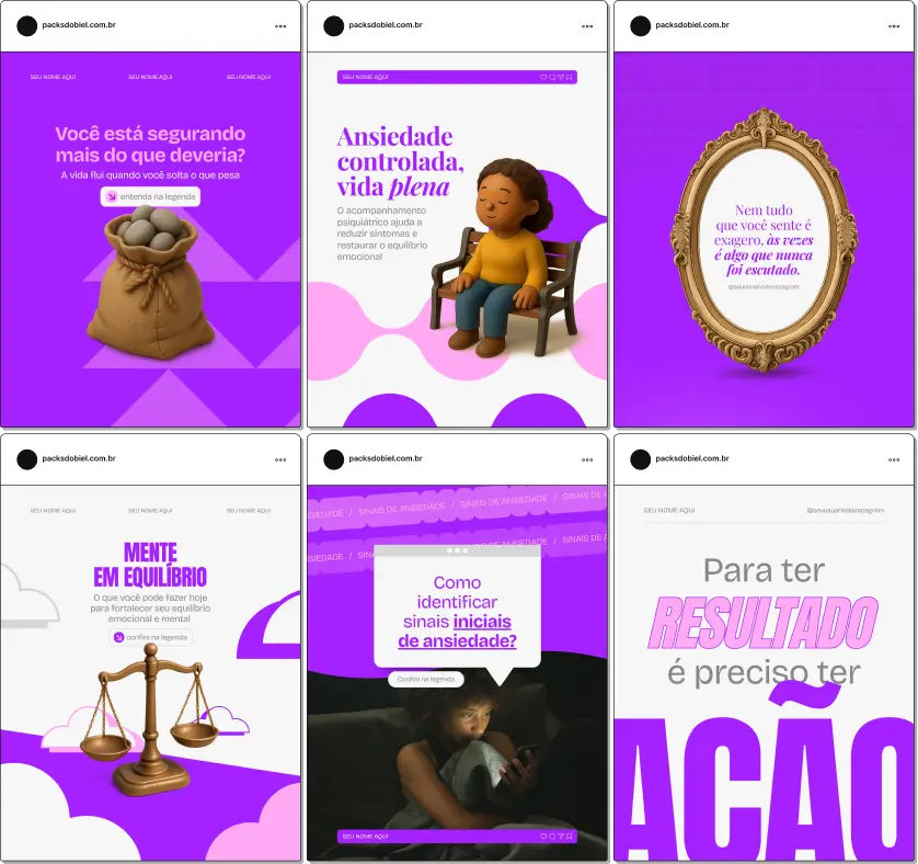 Pack de posts editáveis no Canva para psiquiatras que produzem conteúdo sobre saúde mental, transtornos psiquiátricos, diagnóstico clínico e acompanhamento médico, mantendo um feed organizado e confiável.