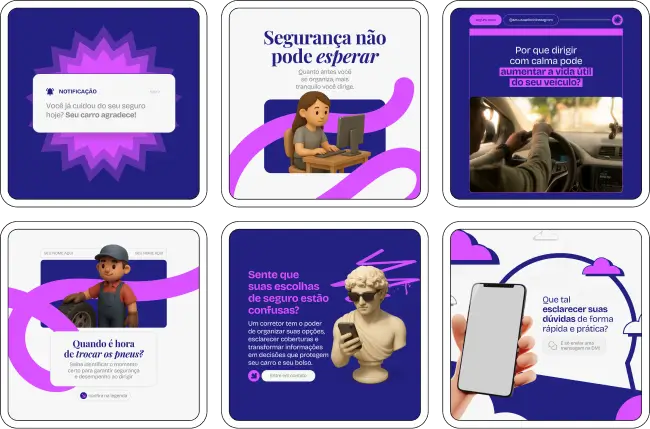 Pack de artes editáveis no Canva para seguro automóvel, voltado para profissionais que explicam apólice, franquia, indenização, sinistro e vantagens da proteção do veículo, com comunicação visual clara e confiável no Instagram.