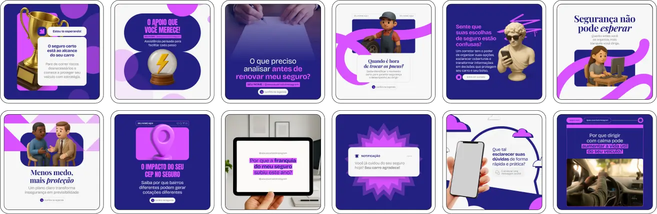 Pack de posts editáveis no Canva para seguro auto, ideal para corretores que produzem conteúdo sobre cobertura veicular, proteção contra colisão, roubo e furto, assistência 24 horas e segurança para motoristas.