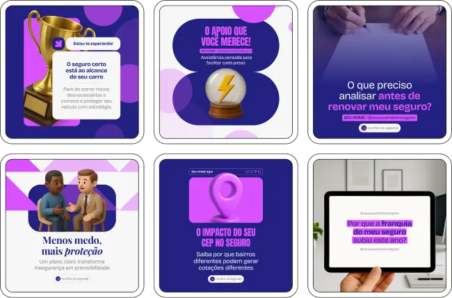 Pack de posts editáveis no Canva para corretores de seguro auto que desejam falar sobre proteção do carro, tranquilidade no trânsito, coberturas adicionais e benefícios para o dia a dia, mantendo um feed organizado e profissional.