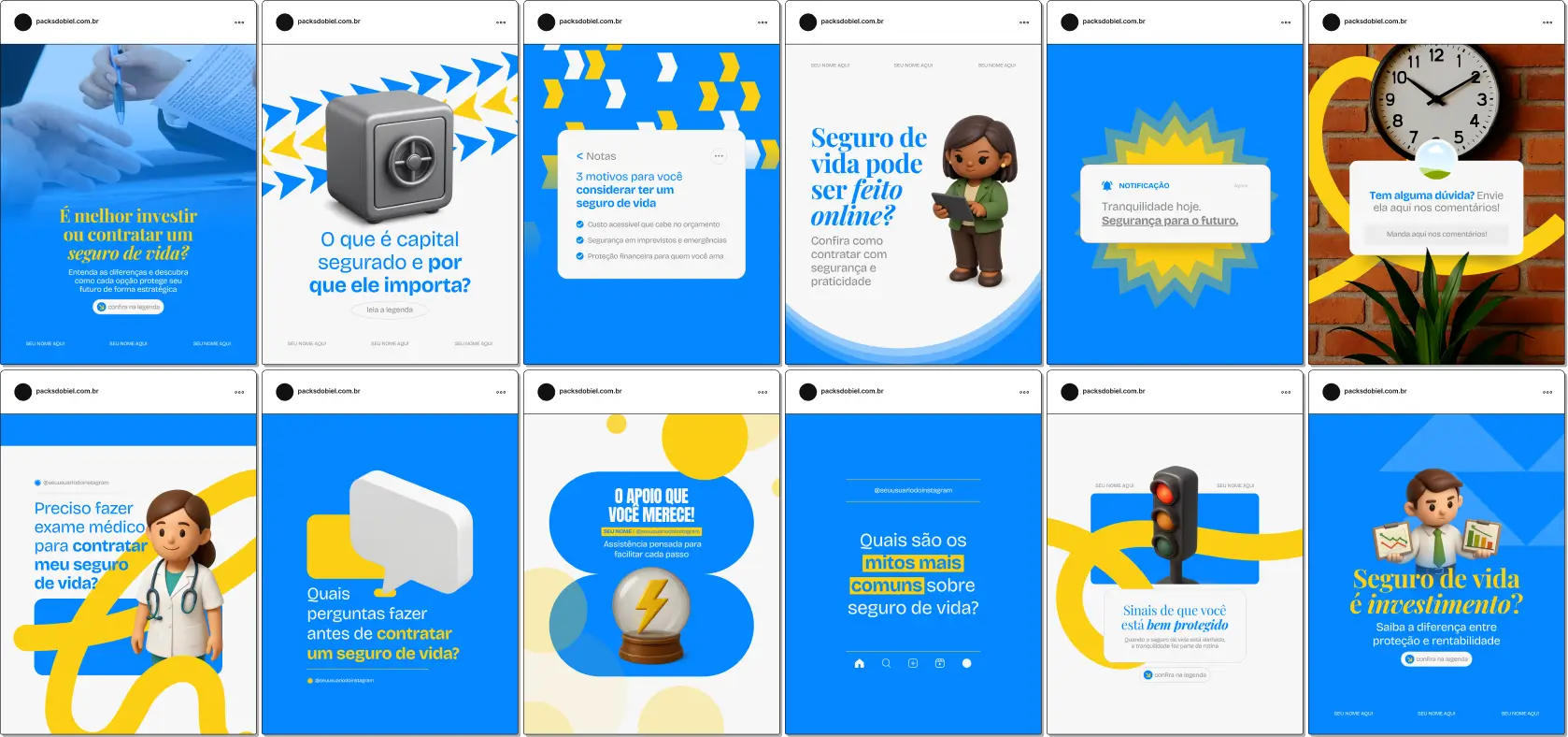 Pack de posts editáveis no Canva para profissionais que trabalham com seguro de vida e desejam explicar coberturas, proteção familiar, planejamento financeiro e benefícios do seguro, mantendo um feed organizado e confiável.