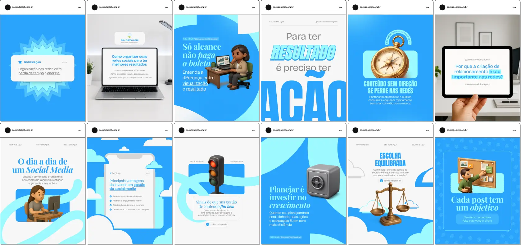 Pack de templates editáveis no Canva para social media que querem educar empreendedores e marcas sobre marketing digital, otimização de perfis, estratégias de engajamento e análise de performance, com comunicação clara e visualmente coerente.