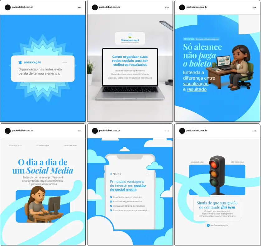 Pack de artes editáveis no Canva para profissionais de social media que produzem conteúdo sobre planejamento de redes, gestão de contas, branding, storytelling e campanhas digitais, reforçando autoridade no Instagram.