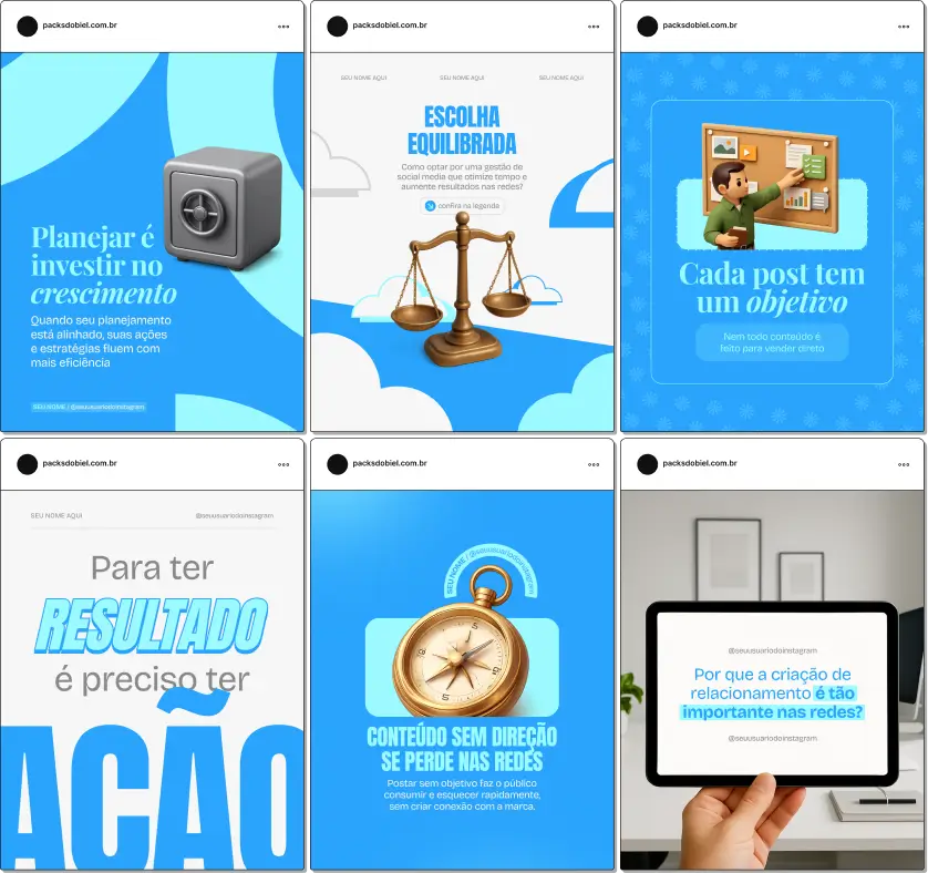 Pack de posts editáveis no Canva para social media que desejam compartilhar estratégias de conteúdo, criação de posts, engajamento, crescimento de seguidores e análise de métricas, mantendo um feed organizado e profissional.