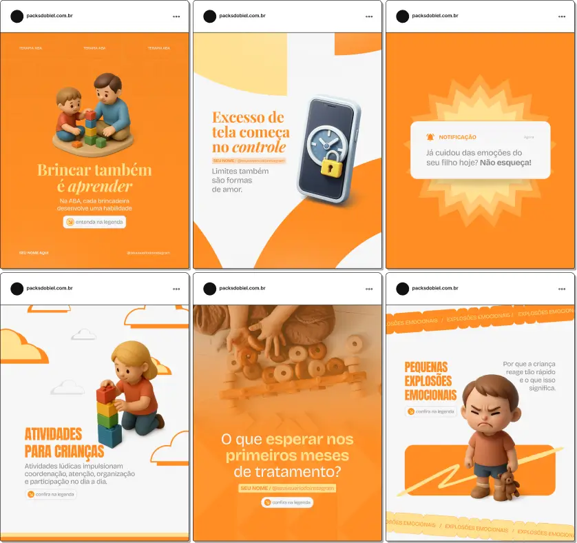 Pack de templates editáveis no Canva para especialistas em ABA que querem orientar famílias e educadores sobre técnicas, metas de aprendizagem, manejo de comportamentos e reforço de habilidades, com visual claro e profissional.
