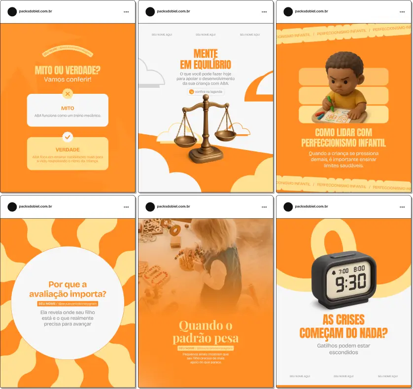 Pack de templates editáveis no Canva para especialistas em Terapia ABA que desejam compartilhar atividades, progresso de habilidades, técnicas de intervenção e dicas práticas, fortalecendo autoridade e engajamento digital.