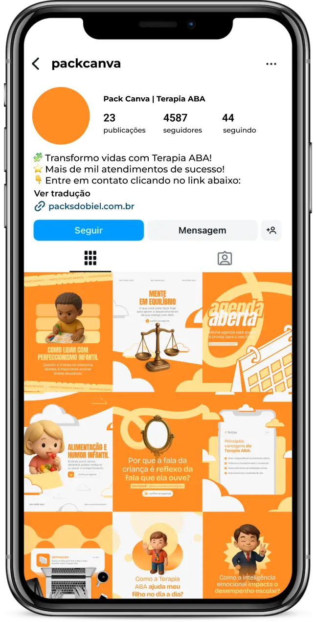 Pack de posts editáveis no Canva para profissionais de Terapia ABA que desejam compartilhar estratégias de análise comportamental, reforço positivo, habilidades sociais e desenvolvimento de crianças, mantendo um feed educativo e organizado.