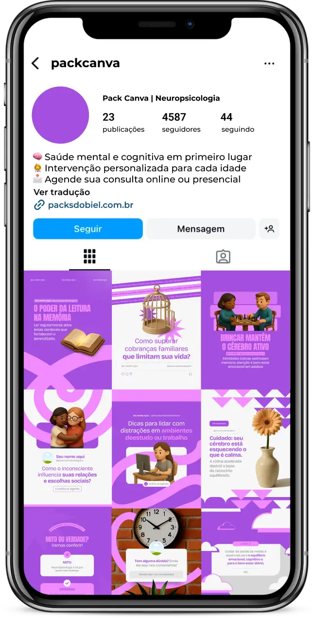 Pack de posts editáveis no Canva para especialistas em neuropsicologia que desejam abordar testes cognitivos, funções executivas, atenção, memória e estímulos adequados, mantendo um feed organizado e educativo.