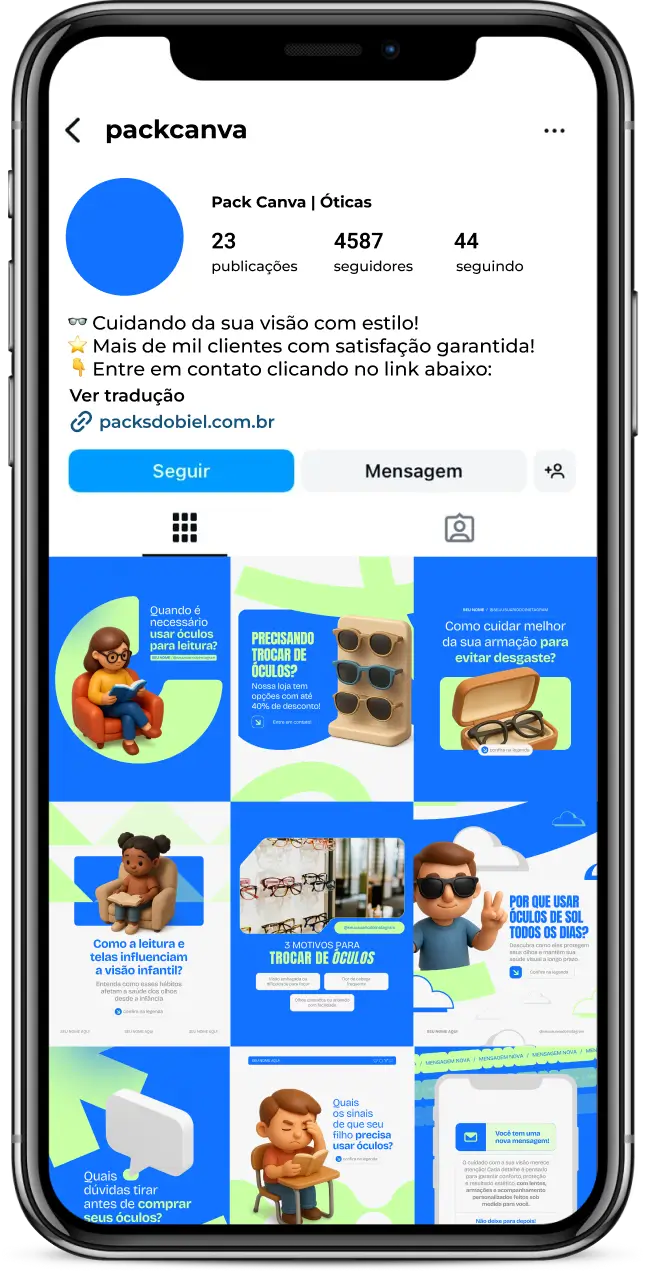Pack de posts editáveis no Canva para óticas que desejam divulgar óculos de grau, óculos de sol, saúde visual, exames de visão e atendimento ao cliente, mantendo um feed organizado e profissional.