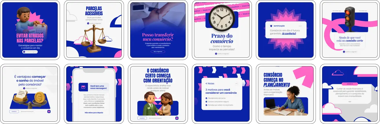 Pack de posts editáveis no Canva para profissionais que trabalham com consórcio de imóveis e desejam explicar funcionamento, contemplação, parcelas e planejamento para compra de casa ou apartamento, mantendo um feed organizado e confiável.