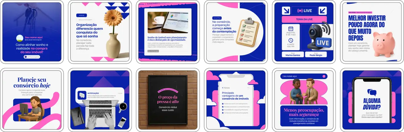 Pack de posts editáveis no Canva para profissionais de consórcio de imóveis, ideal para quem deseja explicar contemplação, cartas de crédito, planejamento financeiro e compra de imóveis, mantendo um feed organizado e confiável.