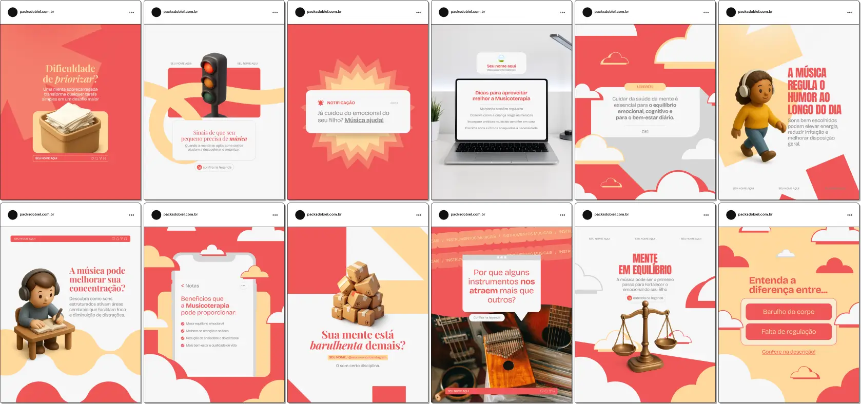 Pack de posts editáveis no Canva para especialistas em musicoterapia que desejam explicar exercícios musicais, integração sensorial, desenvolvimento motor e emocional, mantendo um feed confiável e educativo.