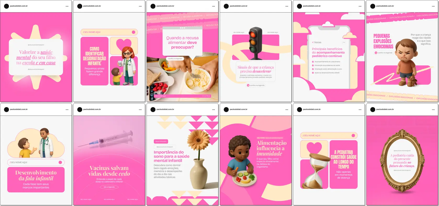 Pack de posts editáveis no Canva para pediatras, ideal para profissionais que produzem conteúdo sobre saúde infantil, acompanhamento do crescimento, vacinação, desenvolvimento e prevenção de doenças, mantendo um feed organizado e confiável.