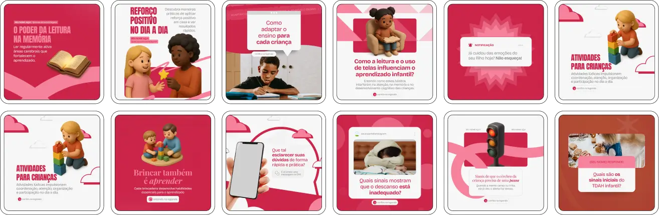 Pack de posts editáveis no Canva para psicopedagogos que desejam orientar sobre dificuldades de aprendizagem, atenção, desempenho escolar e estratégias de estudo.