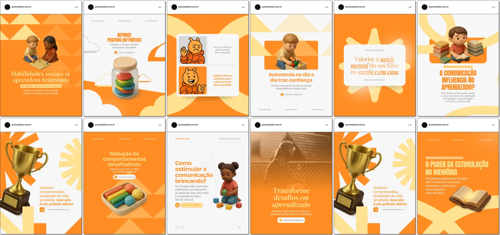 Pack de artes editáveis no Canva para terapeutas ABA que produzem conteúdo sobre intervenção, programas de ensino, comportamento adaptativo e manejo de desafios, reforçando credibilidade e autoridade no Instagram.