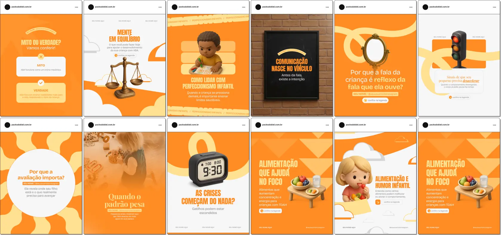 Pack de posts editáveis no Canva para profissionais de Terapia ABA, com conteúdos sobre análise do comportamento, intervenção, desenvolvimento de habilidades e estratégias educativas, ideal para criar um feed educativo e profissional.