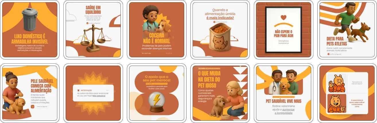 Posts editáveis para veterinários com conteúdos sobre orientação de tutores de pets