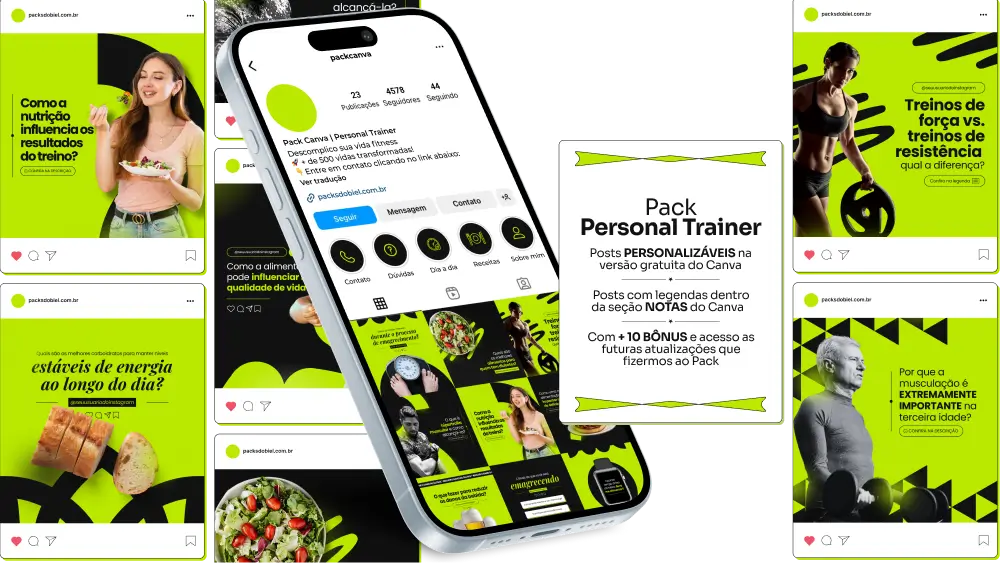 Pack de templates editáveis no Canva para personal trainers que querem educar alunos sobre exercícios, planejamento de treinos, evolução corporal e qualidade de vida, com comunicação clara e identidade visual coerente.