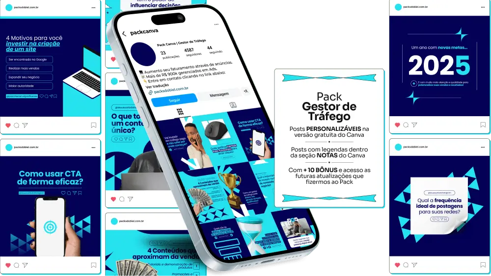 Pack de posts editáveis no Canva para gestor de tráfego que cria conteúdo sobre tráfego pago, anúncios online, Meta Ads, Google Ads, métricas, otimização de campanhas e captação de clientes, mantendo um feed organizado e profissional.