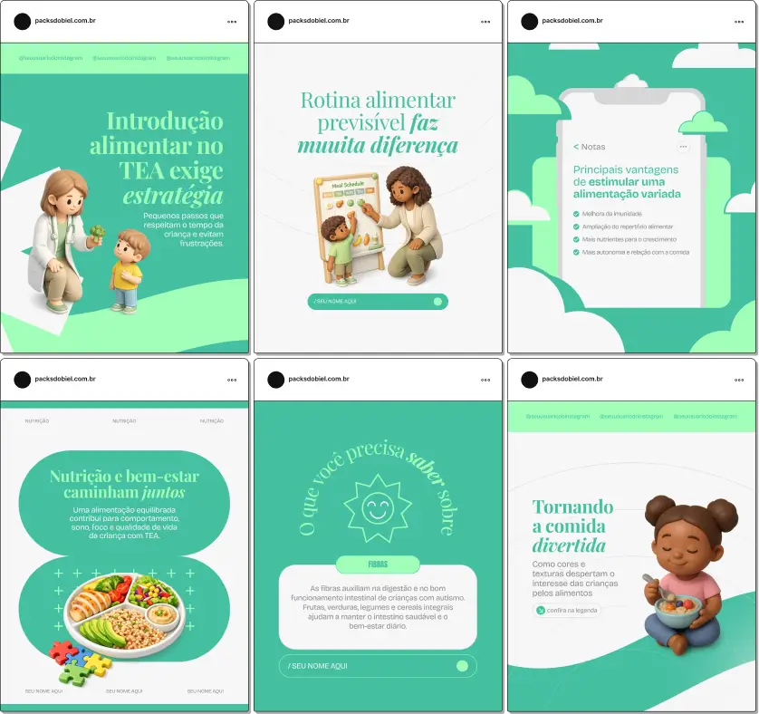 Pack de templates editáveis no Canva para nutricionistas especializados em crianças com TEA, desenvolvido para compartilhar estratégias de alimentação, manejo de comportamentos alimentares, suplementação e hábitos saudáveis, fortalecendo autoridade e engajamento no Instagram.