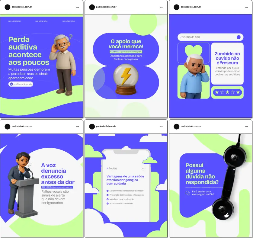 Pack de posts editáveis no Canva para otorrinos que desejam educar pacientes sobre cuidados auditivos, alergias respiratórias, higiene nasal, ronco e tratamento de garganta, mantendo um perfil informativo e visualmente coerente.