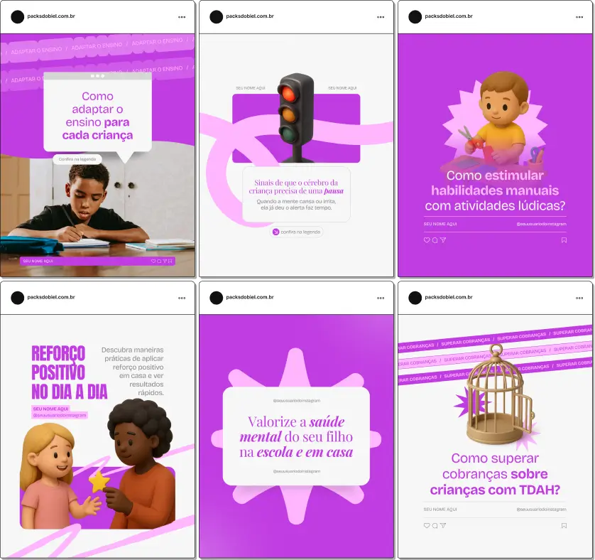 Pack de templates editáveis no Canva para psicopedagogos que trabalham com crianças e adolescentes, voltado para explicar diagnóstico de aprendizagem, transtornos específicos, reforço escolar e técnicas de acompanhamento pedagógico.