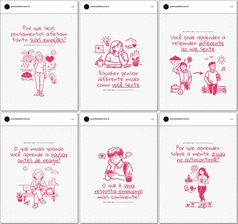 Pack de templates editáveis no Canva para profissionais de TCC que produzem conteúdo sobre reestruturação cognitiva, manejo emocional, desenvolvimento de habilidades psicológicas, bem-estar mental e psicoeducação, organizando o feed e fortalecendo a autoridade online.