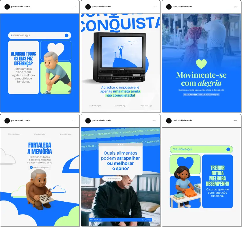 Pack de artes editáveis no Canva para terapia ocupacional, voltado para especialistas que explicam adaptações, intervenções, atividades terapêuticas e estimulação cognitiva, com comunicação visual clara e educativa para pacientes e cuidadores.