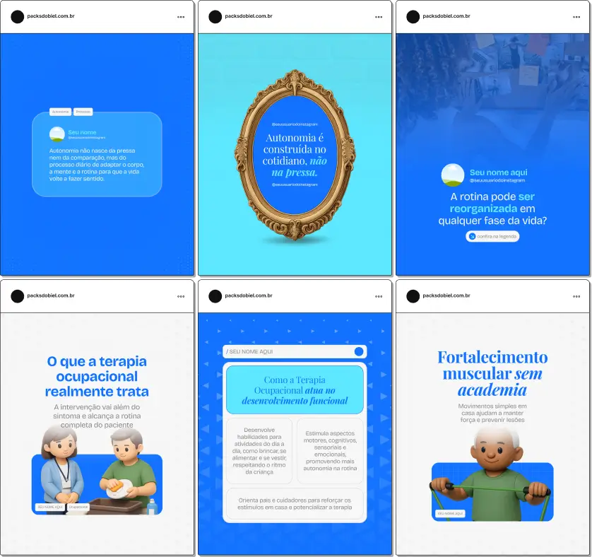 Pack de artes editáveis no Canva voltado para terapeutas ocupacionais que compartilham orientações sobre adaptação de atividades, estimulação funcional, independência, cuidado integral e bem-estar, fortalecendo autoridade e engajamento nas redes sociais.