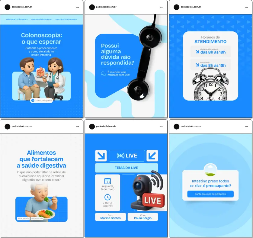 Pack de templates editáveis no Canva para gastroenterologistas que atendem adultos e idosos, focado em intestino saudável, constipação, diarreia, síndrome do intestino irritável e qualidade de vida, fortalecendo autoridade no Instagram.