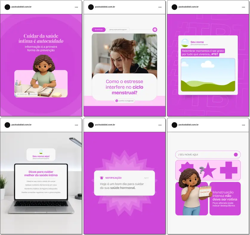 Pack de templates editáveis no Canva para ginecologistas que atendem mulheres em diferentes fases da vida, focado em saúde reprodutiva, acompanhamento ginecológico, exames preventivos e qualidade de vida, fortalecendo autoridade no Instagram.