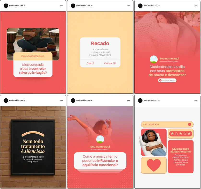 Pack de artes editáveis no Canva para profissionais de musicoterapia, ideal para produzir conteúdo sobre intervenções terapêuticas com música, expressão emocional, relaxamento, comunicação e saúde mental, com comunicação clara e confiável.