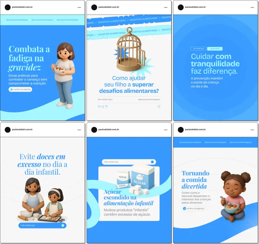 Pack de templates editáveis no Canva para nutricionistas que atendem bebês e crianças, focado em nutrição pediátrica, introdução alimentar, crescimento saudável e educação nutricional, ajudando a fortalecer autoridade e engajamento no Instagram.