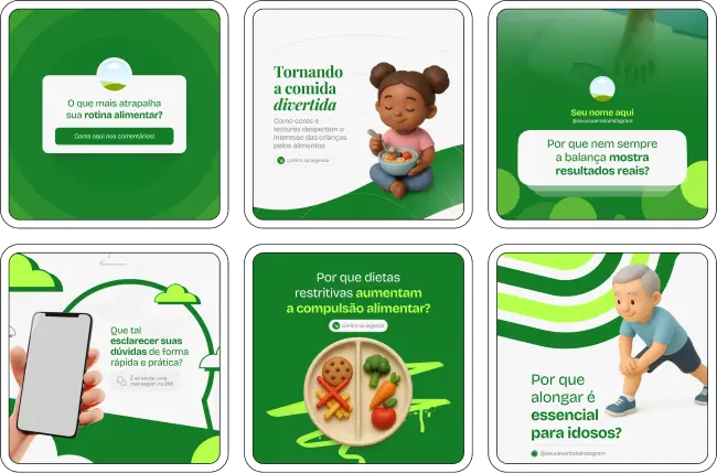 Pack de artes editáveis no Canva para profissionais de nutrição, ideal para quem produz conteúdo sobre emagrecimento, ganho de massa muscular, controle de peso, alimentação funcional e orientações nutricionais, com visual confiável e profissional.