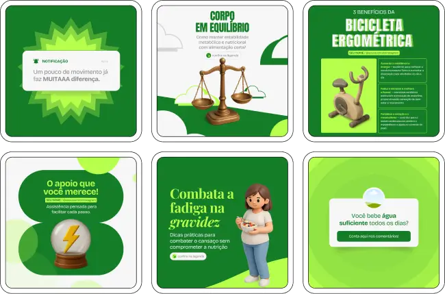 Pack de templates editáveis no Canva para nutricionistas que atendem adultos, focado em cardápios personalizados, reeducação alimentar, suplementação, lifestyle saudável e dicas práticas para o dia a dia, fortalecendo autoridade no Instagram.