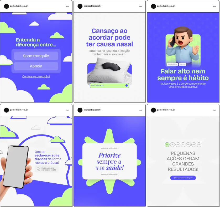 Pack de templates editáveis no Canva para profissionais de otorrinolaringologia que atendem adultos e crianças, focado em prevenção de otites, problemas de faringe, apneia do sono e saúde vocal, fortalecendo autoridade no Instagram.
