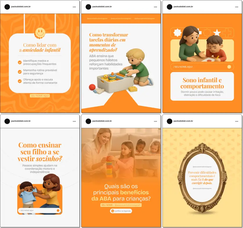 Pack de templates editáveis no Canva para terapeutas ABA que atendem crianças e adolescentes, focado em ensino de habilidades, avaliação funcional, planejamento de atividades e orientação a pais, fortalecendo autoridade e engajamento no Instagram.