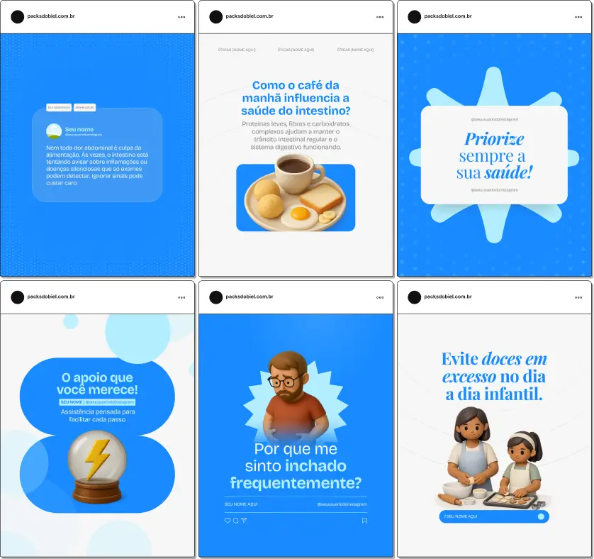 Pack de posts editáveis no Canva para gastroenterologistas que desejam criar conteúdo sobre saúde digestiva, estômago, intestino, fígado, prevenção de doenças gastrointestinais e hábitos alimentares, mantendo um feed organizado e profissional.